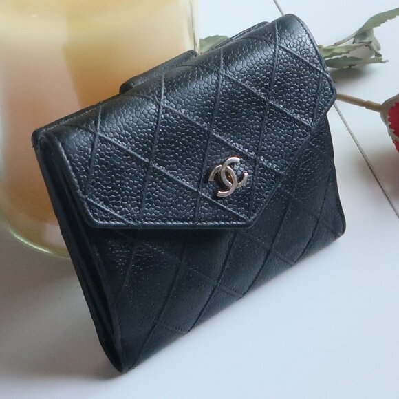 Chanel Black Caviar Leather Quilted Coin & Card Holder Wallet Luxury Designer - Picture 14 of 14